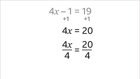 The same slide as previous now with four x over four equals twenty over four.