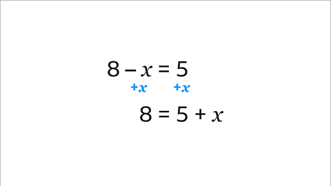 The same equations as previous now with plus x underneath minus x and five and highlighted blue. Written below: Eight equals five plus x.