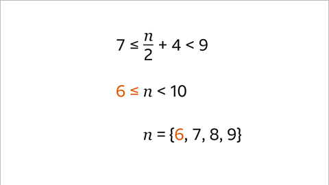 Seven is less than or equal to n divided by two, plus four, which is less than nine. Underneath, six is less than or equal to n, which is less than ten – six and the symbol for less than or equal to is highlighted orange.  N equals open bracket six comma seven comma eight comma nine closed bracket – six is highlighted orange. 