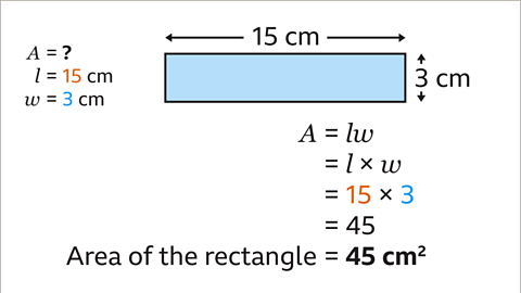 The same image with the previous calculation equals forty five. Area of the rectangle equals forty five centimetres squared.