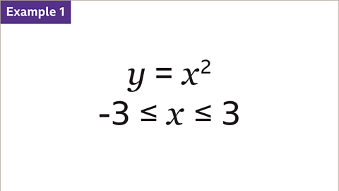 Example one. y equals x squared. Negative three is less than or equal to x, less than or equal to three.