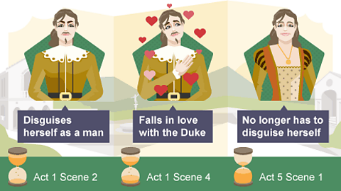 Act 1 Scene 2: Disguises herself as a man; Act 1 Scene 4: Falls in love with the Duke;  Act 5 Scene 1: No longer has to disguise herself