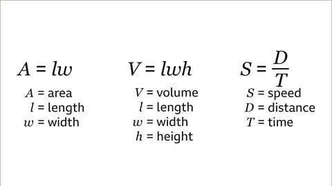 A equals l w, where A equals area, l equals length, w equals width. V equals l w h, where V equals volume, l equals length, w equals width and h equals height. S equals D divided by T, where S equals speed, D equals distance and T equals time.