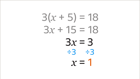 The same equations as previous. Written below: x equals one. Written between both equations: divide by three, on both the left and right sides of the equation. The one is written in orange, the divide by three is written in blue.