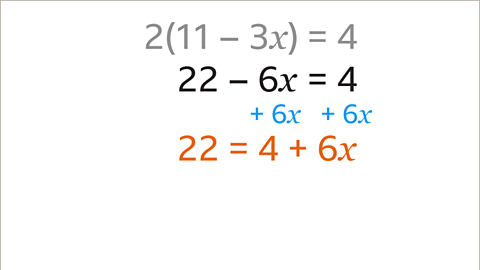 The same equations as previous. Written below: twenty two equals four plus six x. Written between both equations: plus six x, on both the left and right sides of the equation. The twenty two equals four plus six x is written in orange, the plus six x is written in blue.