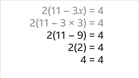 The same equations as previous. Written below: two open bracket eleven subtract nine close bracket equals four. Written below: two open bracket two close bracket equals four. Written below: four equals four.