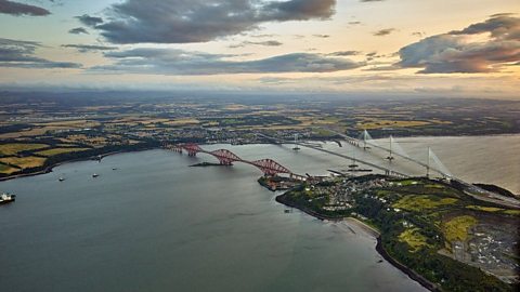 An aerial view of the Forth bridges and Queensferry Crossing