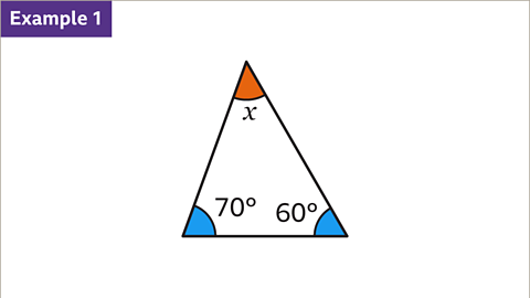 Example one. An image of a triangle. Each of the three interior angles are labelled, seventy degrees, sixty degrees and x. The angle representing x is coloured orange and the seventy and sixty degree angles are coloured blue.