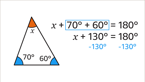The same image and equation as the previous. Written below: x plus one hundred and thirty degrees equals one hundred an eighty degrees. A blue box is drawn around the seventy degrees plus sixty degrees.  Written beneath: subtract one hundred and thirty degrees, on both the left and right sides of the equation. The subtract one hundred and thirty degrees is coloured blue.