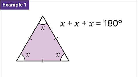 Example one. The same image as the previous. Each angle has been marked with the variable x. Written right: x plus x plus x equals one hundred and eighty degrees.