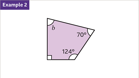 Example two. An image of an irregular quadrilateral. Each of the four interior angles are labelled, seventy degrees, one hundred and twenty four degrees, a right angle symbol and b.