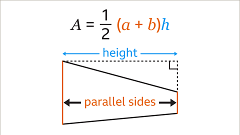 The image shows a trapezium. The trapezium has been rotated such that the two parallel sides are vertical and the perpendicular height between them is horizontal. The lengths of the two vertical, parallel lines are labelled and coloured orange. The length of perpendicular height, between them, is labelled height and coloured blue. Written above: the formula, A equals one half open bracket a plus b close bracket h. The open bracket a plus b close bracket is coloured orange. The h is coloured blue.