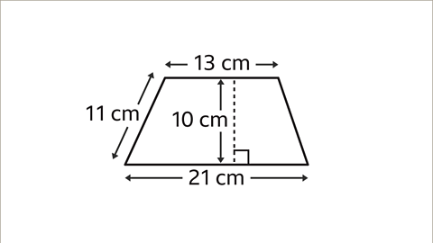 The image shows a trapezium. The lengths of the two horizontal, parallel lines are labelled thirteen centimetres and twenty one centimetres. The length of perpendicular height, between them, is labelled ten centimetres. The sloping length to the left is labelled eleven centimetres. 