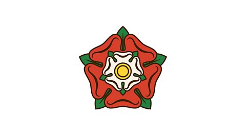 An illustration of the Tudor rose - shown from above a smaller white rose sits in the centre of a larger red rose.