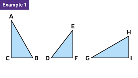 Example one. A series of three images. Each image shows a right angled triangle. The first triangle has vertices labelled A, B, and C. The right angle is at vertex C. The second triangle has vertices labelled D, E, and F. The right angle is at vertex F. The third triangle has vertices labelled G, H, and I. The right angle is at vertex I. The triangles are coloured blue.