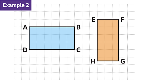 Example two. An image of a square grid. The grid has a length of sixteen squares and a width of ten squares. Two rectangles have been drawn on the grid. The first rectangle has vertices labelled A, B, C, and D. It has length measuring six squares and width measuring three squares. The second rectangle has vertices labelled E, F, G, and H. It has length measuring approximately two point eight squares and width measuring approximately five point five squares.