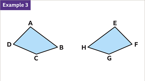 Example three. The image shows two identical, irregular quadrilaterals. The first quadrilateral has vertices labelled A, B, C, and D. The second quadrilateral has vertices labelled E, F, G, and H. Shape E F G H is a vertical reflection of shape A B C D. Vertex E corresponds to vertex A. Vertex F corresponds to vertex D. Vertex G corresponds to vertex C. Vertex H corresponds to vertex B. 