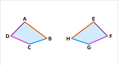 The same image as the previous. Line segments A B and E H are coloured orange. Line segments B C and G H are coloured blue. Line segments C D and F G are coloured pink. Line segments A D and E F are coloured purple.