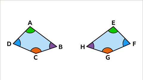 The same image as the previous. Angle A and angle E are coloured green. Angle B and Angle H are coloured purple. Angle C and angle G are coloured orange. Angle D and angle F are coloured blue.