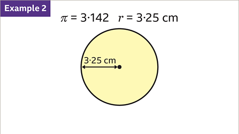 Example two. An image of a circle. The radius is labelled as three point two five centimetres. Written above: pi equals three point one four two, r equals three point two five centimetres.