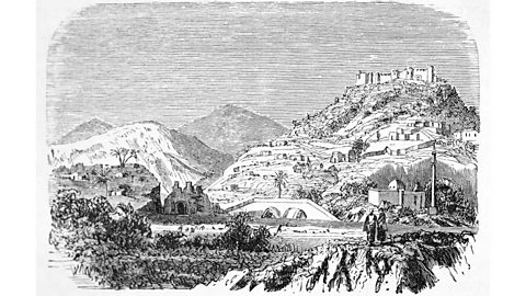 A black and white etching of a scene including palm trees, hills and a castle