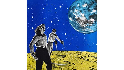 A woman in sunglasses and a man on skis standing on the moon with Earth in the background