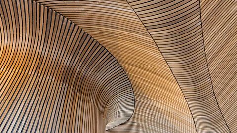 Photograph of a ceiling made from planks of wood