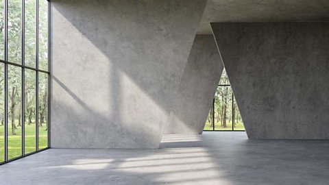 Building interior with polished concrete floor ,wall and ceiling, large windows