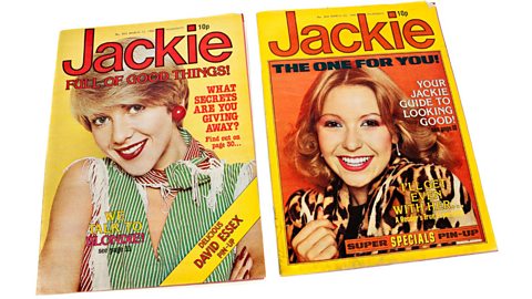 Two brightly coloured magazines side by side. The magazine has the word 'Jackie' written across the top in big red letters. Both magazines have blonde women on the front cover.