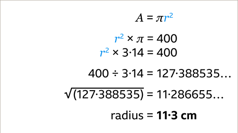 The same calculation as the previous.  Written below: radius equals eleven point three centimetres.