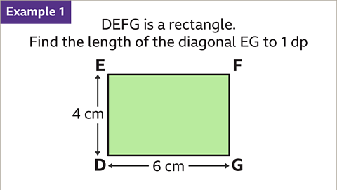 Example one. An image of a rectangle D E F G. The width of the rectangle, E D, is four centimetres. The length of the rectangle, D G, is six centimetres. Written above: D E F G is a rectangle. Find the length of diagonal E G to one d p. The rectangle is coloured green.