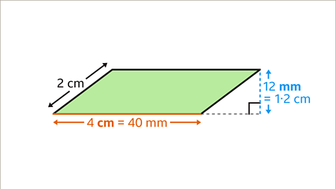 The same image as the previous. The base has been relabelled as, four centimetres equals forty millimetres. The height has been relabelled as, twelve millimetres equals one point two centimetres. The arrows and labels for the base are coloured orange. The arrows and labels for the height are coloured blue.