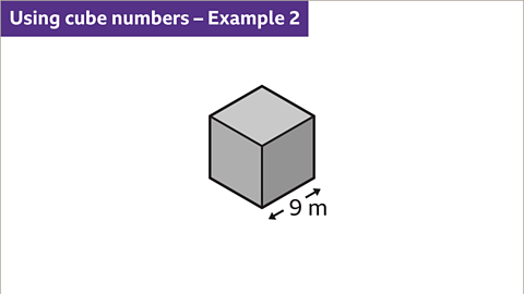 The image shows an isometric projection of a cube. The length of the cube has been labelled as nine metres.  Written top left: Using cube numbers; example two. The cube is coloured grey.