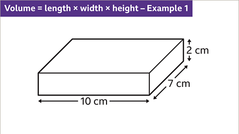 The image shows a cabinet projection of a cuboid. The length is labelled as ten centimetres, the width is labelled as seven centimetres, and the height is labelled as two centimetres. Written top left: volume equals length multiplied by width multiplied by height; example one.