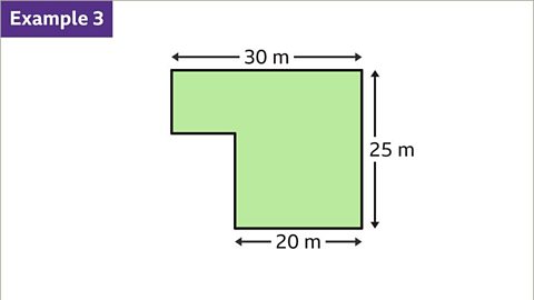 An image of a compound rectilinear shape. Starting with the top right vertex, the shape has sides of length, twenty five metres down, twenty metres left, an unlabelled length up, an unlabelled length left, an unlabelled length up, and a final edge thirty metres right. 