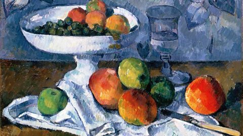 Painting of a table with a fruit bowl, fruit, a cloth, a knife and a glass of water