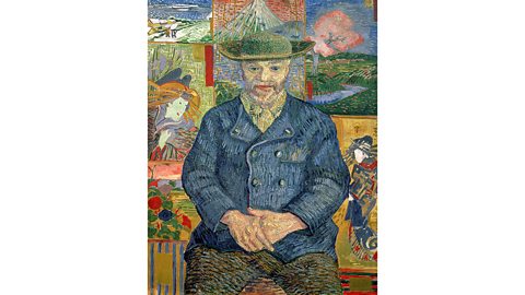 Impressionist painting of a man in a hat sitting in front of a patchwork background