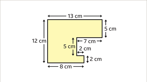 An image of a compound rectilinear shape. Starting with the top right vertex, the shape has sides of length, five centimetres down, seven centimetres left, five centimetres down, two centimetres right, two centimetres down, eight centimetres left, twelve centimetres up and thirteen centimetres right. 