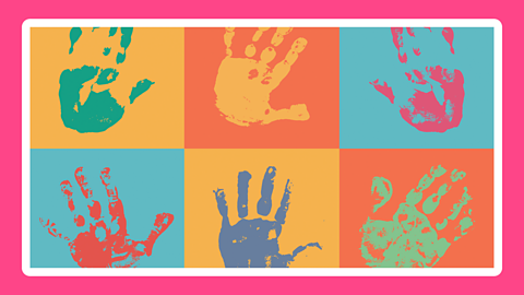 A handprint repeated on different coloured card. 