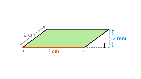 The same image as the previous. The side with length four centimetres has been highlighted and labelled as the base. The dashed vertical line, of length twelve millimetres, has been highlighted and labelled as the height. The arrows and labels for the base are coloured orange. The arrows and labels for the height are coloured blue. The bold font face has been used on the millimetres and centimetres  to show they are not the same unit. The arrowed line to indicate the length of the diagonal side, two centimetres, has been coloured grey.