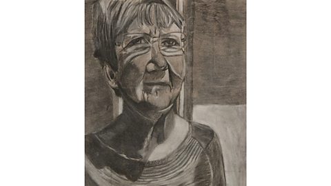 Charcoal portrait of seated older woman