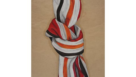 Oil pastel drawing of knotted, striped fabric on brown paper