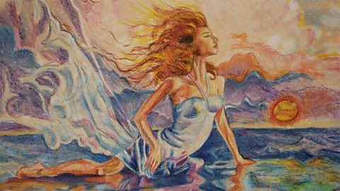 Painting of a woman with wild hair in flowing clothes on a reflective surface at sunset