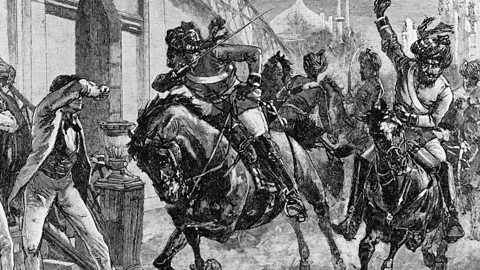 A drawing of rebel Indian soldiers on horseback galloping down a narrow street waving their swords