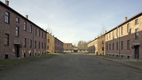 A photograph of roll call square at Auschwitz, where prisoners were counted every morning and evening.