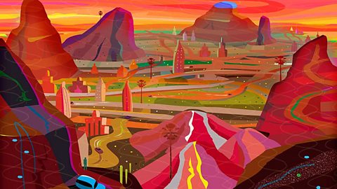 Brightly coloured abstract scene of roads and towers in a desert