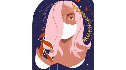 Design featuring a woman with pink hair with plants around herA digital portrait