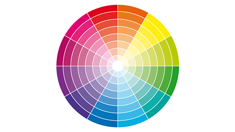 A colour wheel showing primary, secondary and tertiary colours.