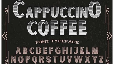 Cappuccino coffee font typeface. White and brown stripy letters against black background