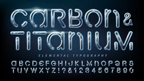 Carbon & titanium. Shiny metallic writing with blue outline. Dark background.